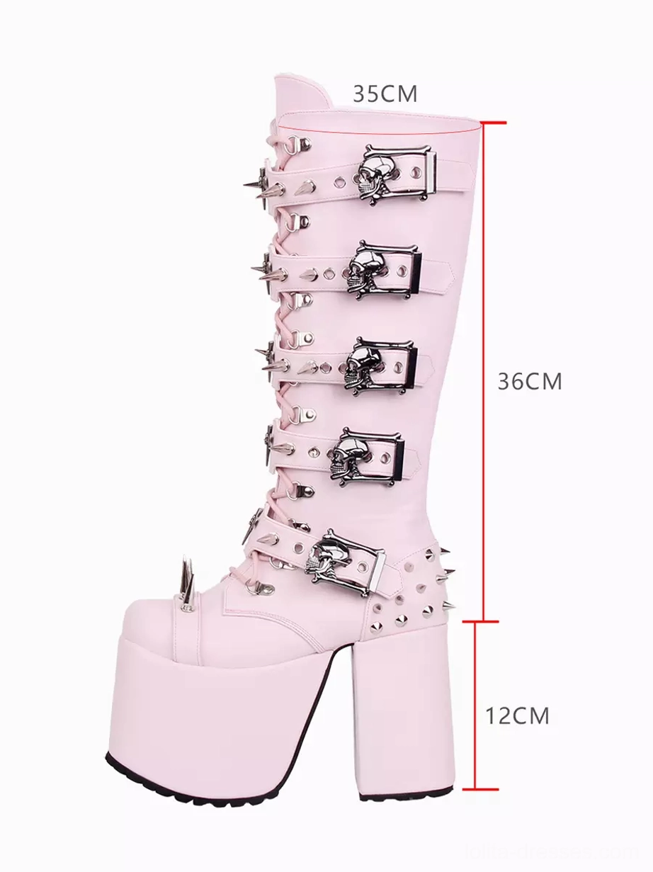 Single pink gothic punk platform boot right side profile with size measurement markers spike buckle designs thick platform heel