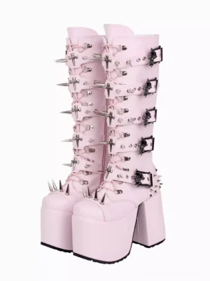 Pink gothic punk platform boots knee high round toe chunky heel front view silver spike buckles skull decorations