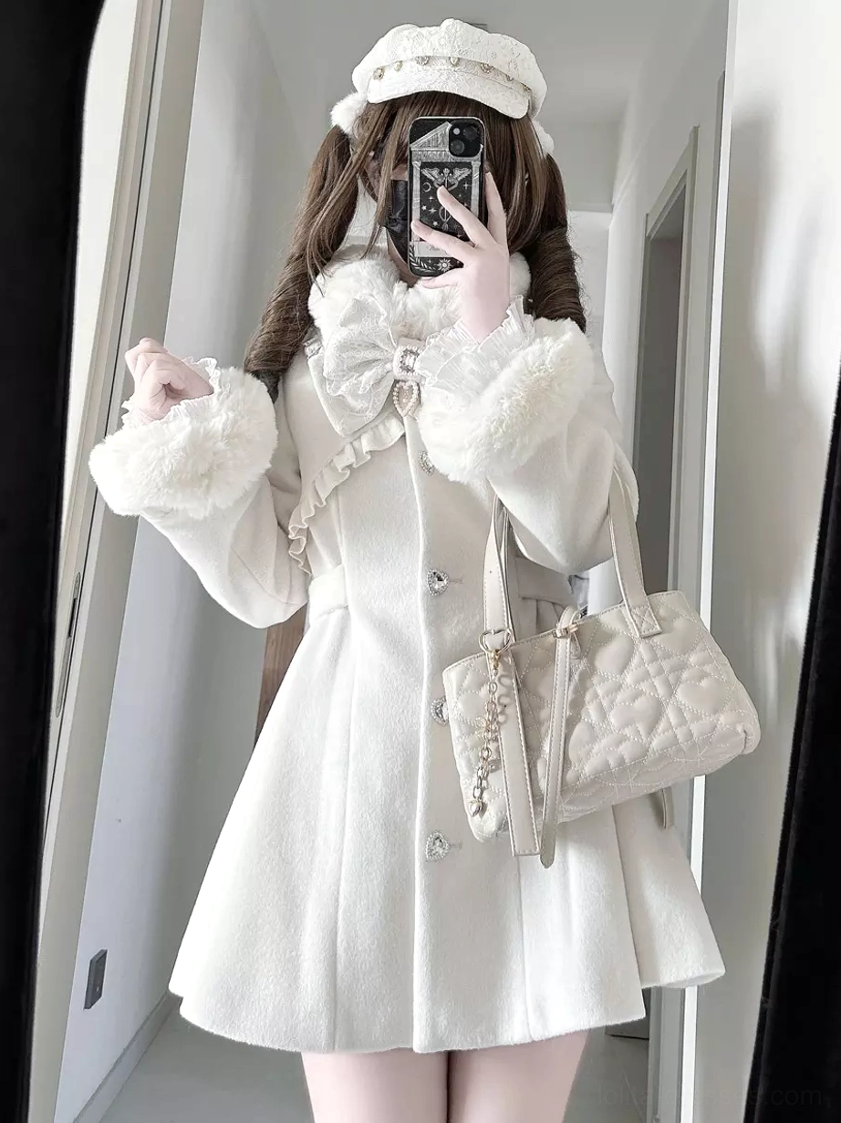 Pink Gothic Sweet Lolita wool overcoat A-line silhouette with faux fur cuffs, heart-shaped diamond buttons, lace trim details, and romantic aesthetic