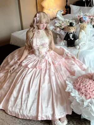 Pink halter fairy lolita wedding ball gown front full body view sleeveless ruffled skirt bow details
