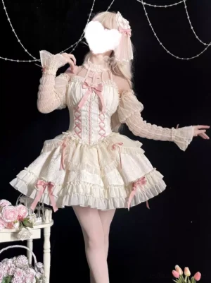 Pink halter lolita dress with oversleeves front three-quarter view showing ruffled skirt and lace-up bodice detail in floral studio setting
