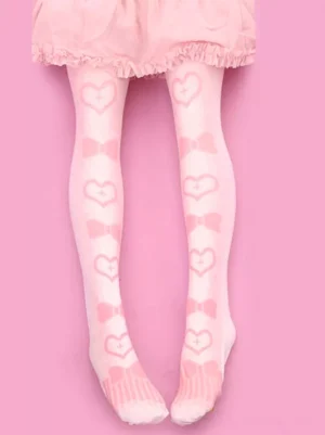 Pink velvet heart bow printed lolita knee-high socks overhead flat lay view showing repeating cute pattern design on light pink fabric perfect for sweet lolita coordinates