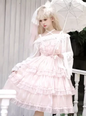 Pink sweet Hime Lolita dress full length front view with decorative waist bow, off-shoulder design, and tiered ruffled skirt, styled with white parasol on balcony
