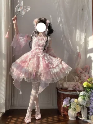 Pink Hime Lolita dress full front view with layered lace skirt ruffles hair flower accessories butterfly magic wand sweet lolita fashion