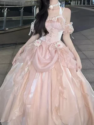 Pink sweet lolita sleeveless dress with ruffled off-shoulder design and 3D floral embellishments front view on model outdoor street fashion photography