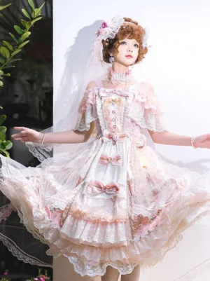 Pink Hime Lolita wedding dress sleeveless with floral print and pearl bow details front view full body studio