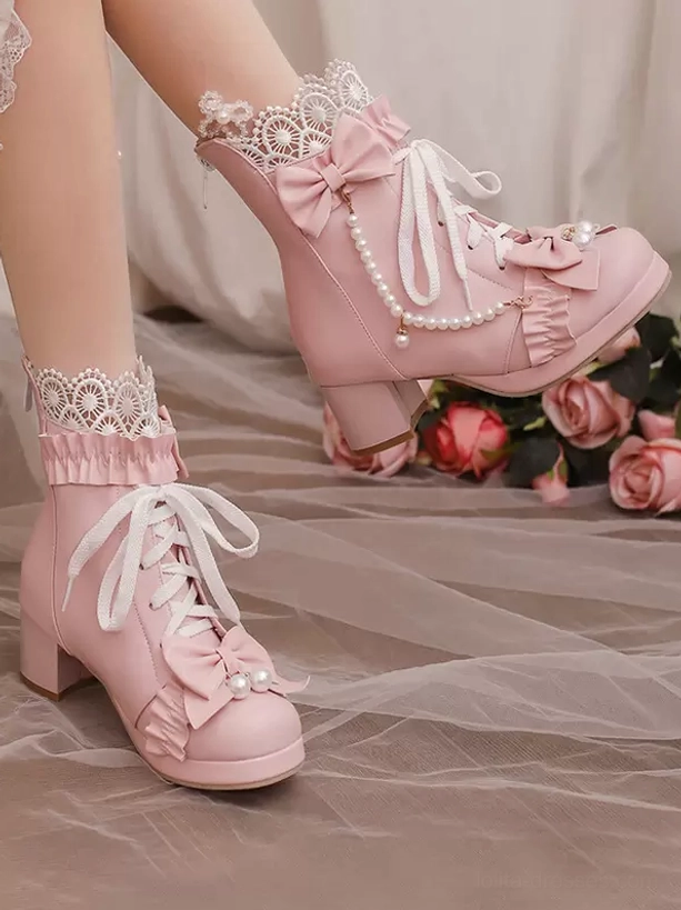 Pink lolita ankle boots oblique front double feet rose flowers background lace socks bow pearl chain details