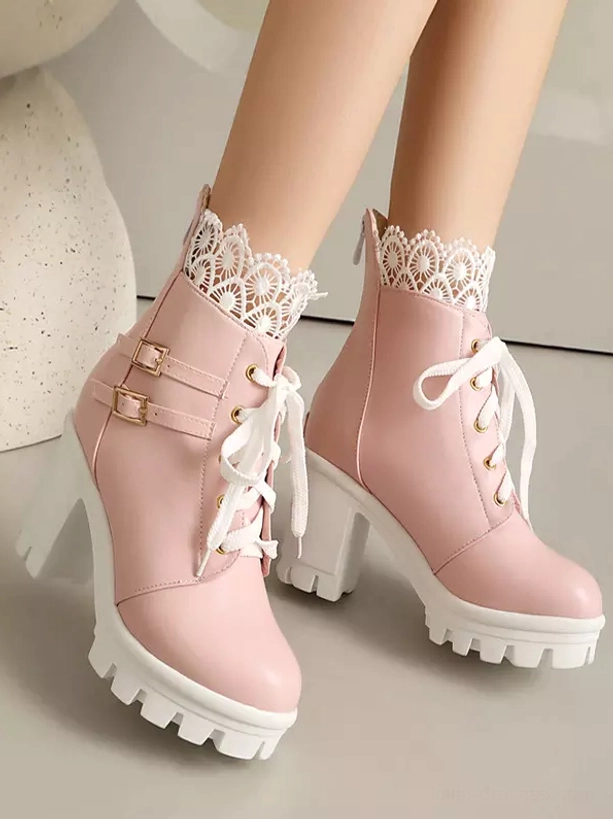 Pink Sweet Lolita ankle boots oblique side view of pair with white thick soles and matching lace trim embellishments