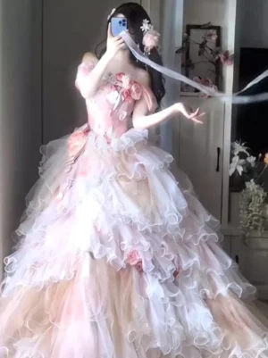 sweet lolita fairy dress pink gradient tulle ruffles frontal pose arm extended mirror selfie
