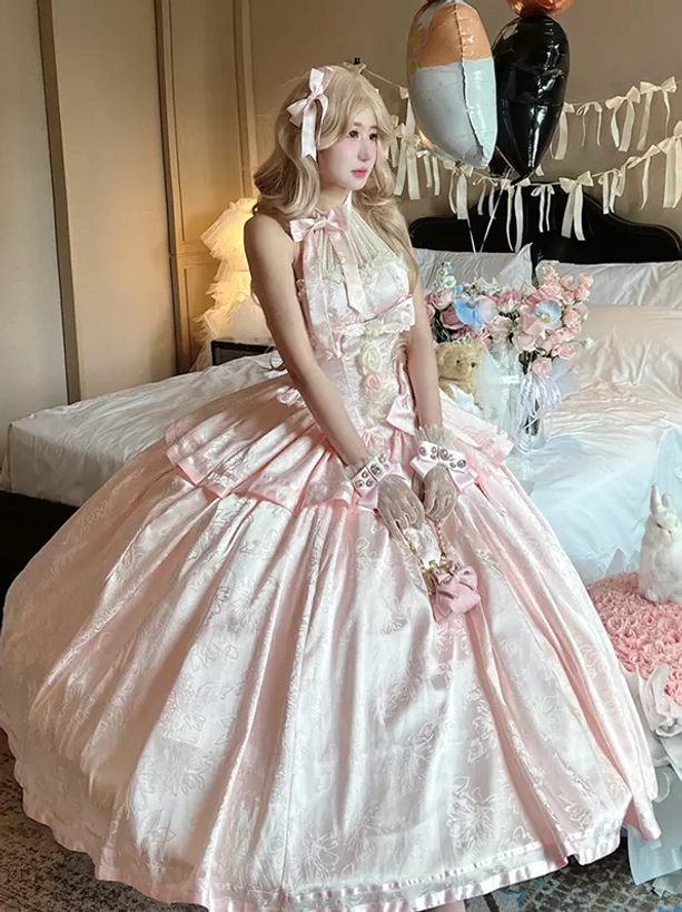 Pink lolita wedding ball gown side three quarter view halter bow collar full skirt party styling