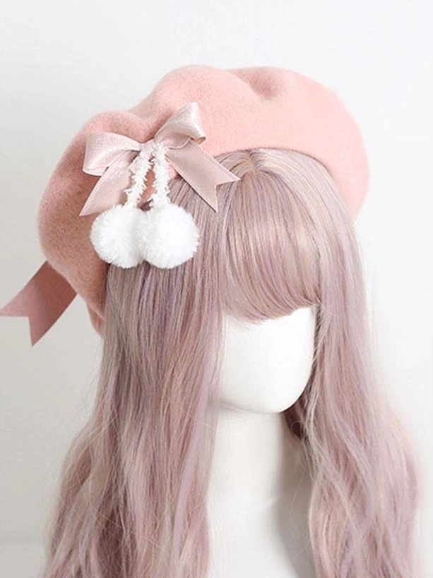 Pink lolita beret headdress with delicate satin bows and white pom-pom embellishments