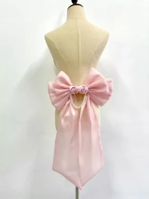 Pink sweet Lolita bow train accessory back view display model with satin bow and floral rose decoration