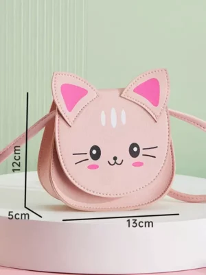 Pink cat crossbody bag front view with size reference marks showing dimensions 13x12x5cm cute cartoon cat face