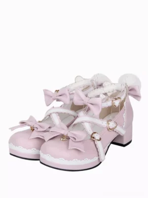 pink lolita footwear three quarter front view pom pom heel multiple bow decorations heart hardware