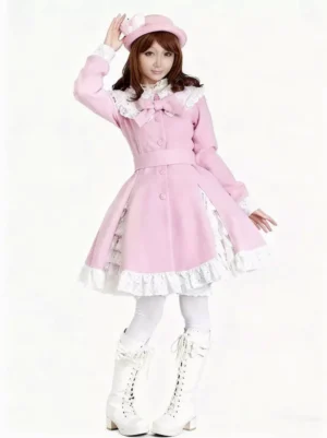 Romantic pink lolita wool coat dress full front view with neck bow, buttoned front closure, ruffled skirt hem, paired with white tights and vintage boots