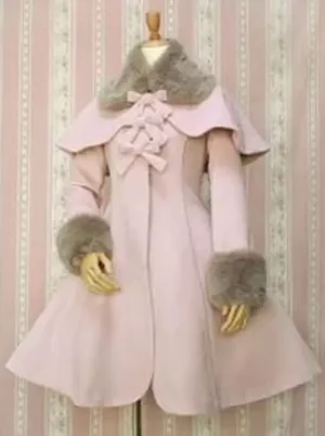 Pink Lolita winter coat with grey faux fur trim and detachable cape, front flat display showing bow details and A-line construction