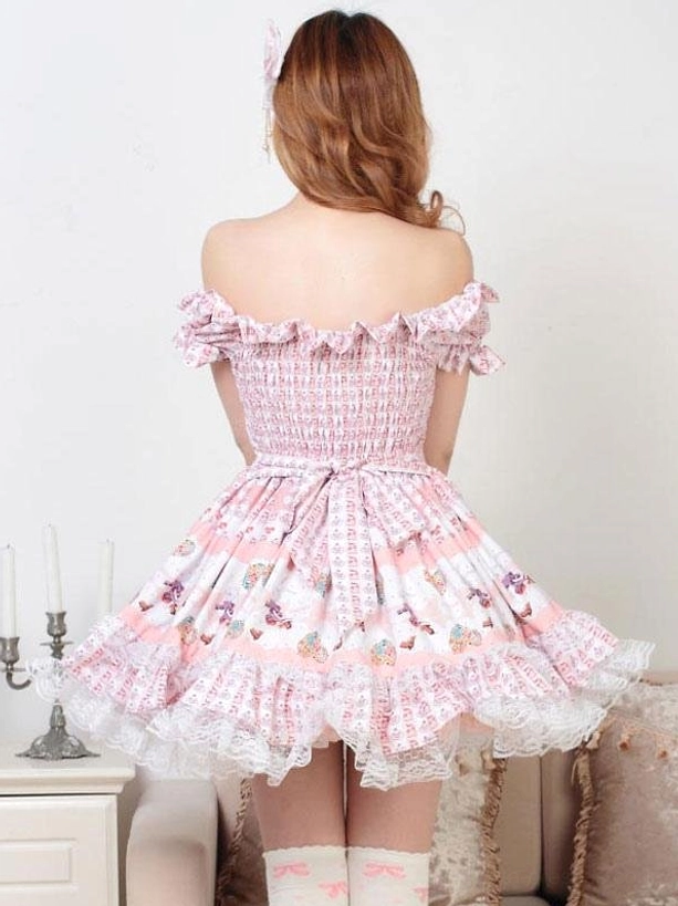 Pink classic lolita dress back rear view backless off-shoulder design waist bow lace ruffled hem indoor lounge