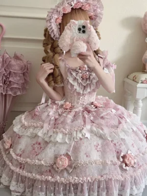 Pink lolita dress mirror selfie front view corset bodice satin ribbon decorations matching flower bonnet close-up details