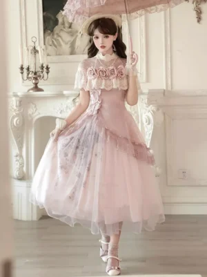 Pink vintage Lolita dress full front view with high lace collar European fireplace backdrop matching sun parasol flowy tulle midi skirt