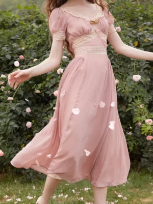 Blush pink lolita fairy dress back view flowing chiffon skirt empire waist lace trim garden aesthetic