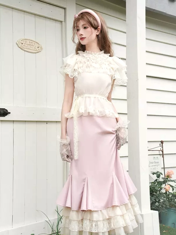 Pink fishtail skirt with off-white lace trim and tiered ruffles, front view of complete sweet lolita two-piece dress set