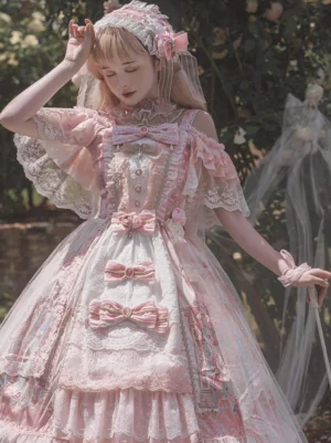 Pink sleeveless Lolita formal dress off-shoulder ruffled flutter sleeves garden outdoor photography