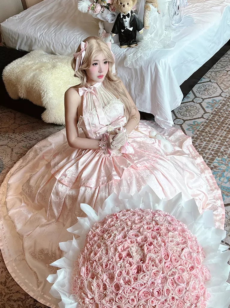 Pink lolita formal ball gown overhead sitting view large ruffled skirt fairy tale aesthetic rose decoration