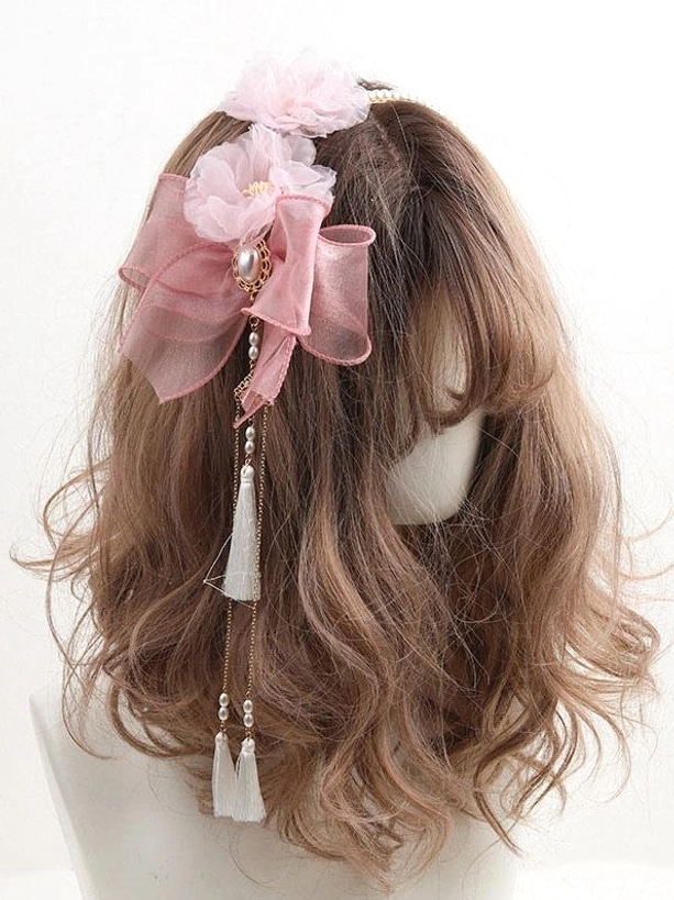 Pink sweet Lolita headdress with pink organza bow pearl inlaid center dual tassel pendants back view