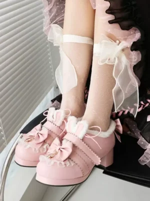 Pink Lolita high heels front view with mirror background featuring furry collar, star charm bow, dual straps and sheer lace socks with ribbon ornaments