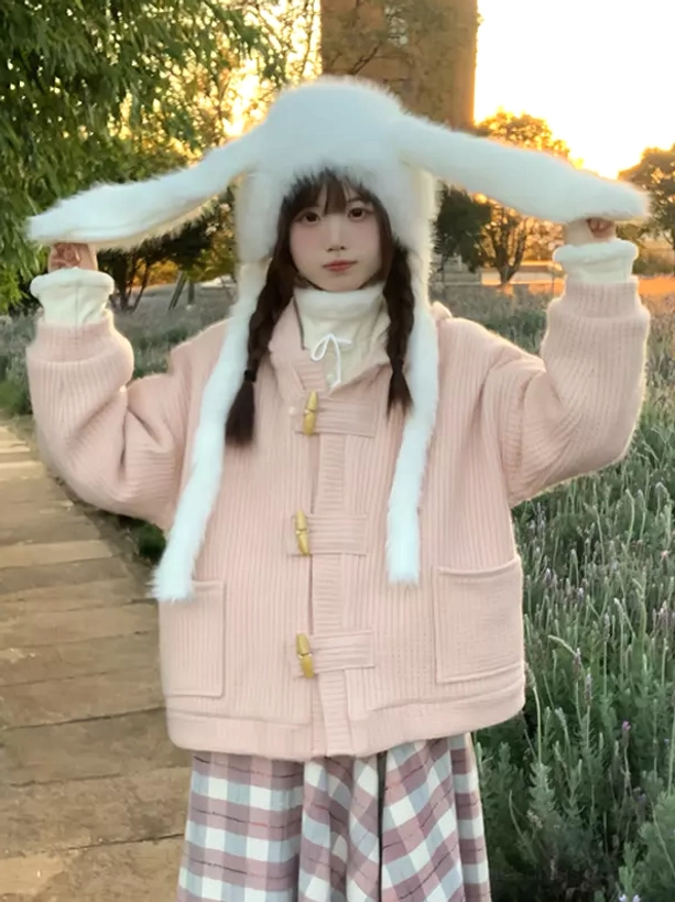 blush pink lolita hooded toggle coat with waffle knit texture horn buttons and patch pockets multiple angle views