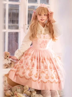 Pink Sweet Lolita dress side three-quarter view showing high waist pleated A-line skirt, back bow design, and matching vintage floral pattern on model