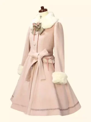 Pink Lolita wool midi overcoat with luxurious white faux fur trim, waist sash, and bow neck decoration, displayed on dress form against neutral background