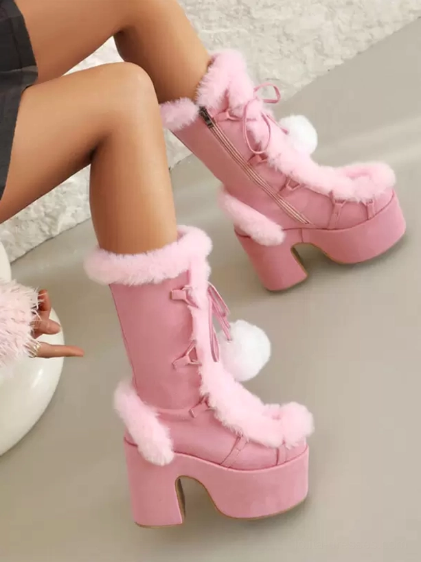 pink lolita platform boots low side view furry trim pom-pom bows chunky platform sole