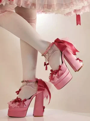 Pink sweet lolita chunky platform heels back view with pearl-adorned ankle strap satin bow and delicate lace trim