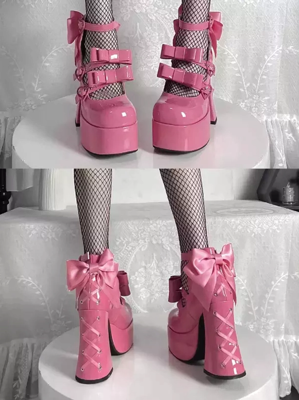 Pink lolita platform pumps multi-view static shot showing back bow, ankle buckles, and chunky block heel, model wearing fishnet stockings on lace backdrop
