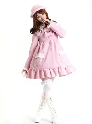 Pink sweet lolita coat front view with ruffled hem lace-trimmed pockets and button closure detail model styling