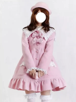 Pink sweet lolita princess coat front view with lace collar ruffle hem and front bow details model wearing bowler hat