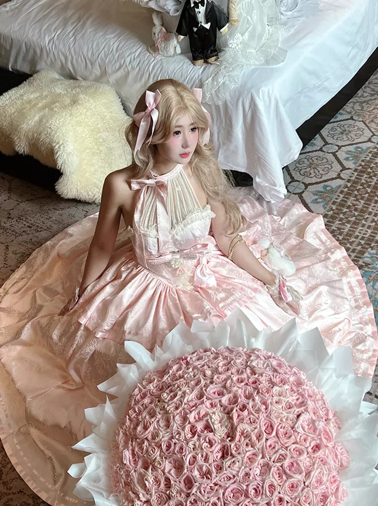 Pink lolita princess gown overhead sitting view halter neck design rose floral decor carpet setting