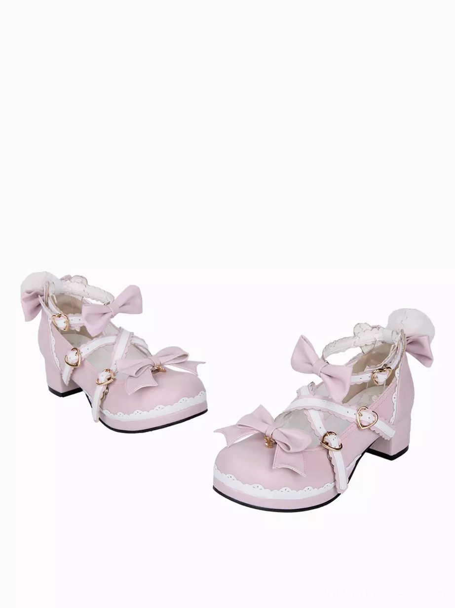 pink lolita mary jane footwear side rear view cross straps heart buckles delicate bow trim details