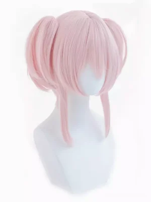 Pink layered Lolita twin bun wig left side three-quarter angle showing twin bun detail and side hair length