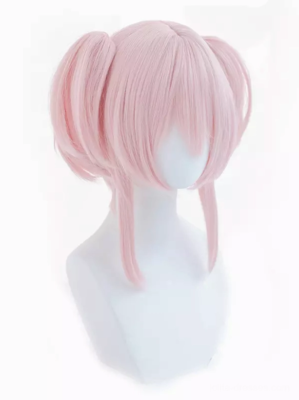 Pink layered Lolita twin bun wig left side three-quarter angle showing twin bun detail and side hair length