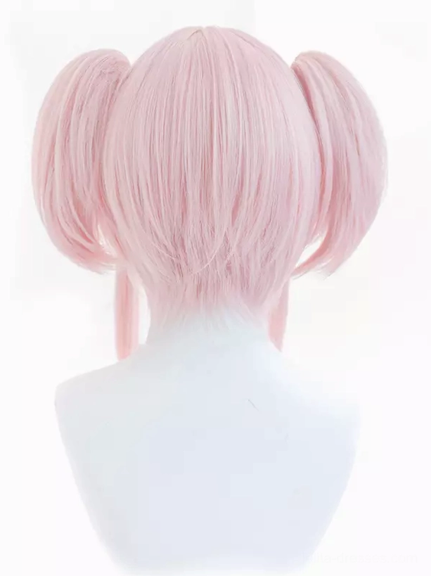 Pink Lolita twin-tail wig back view displaying rear wig base and symmetrical twin buns positioning