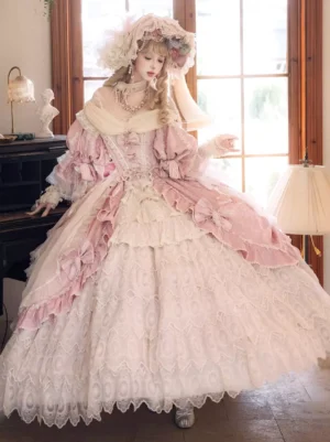 Full front view of pink lolita wedding ball gown with bow trims and layered ruffled skirt near piano and french window
