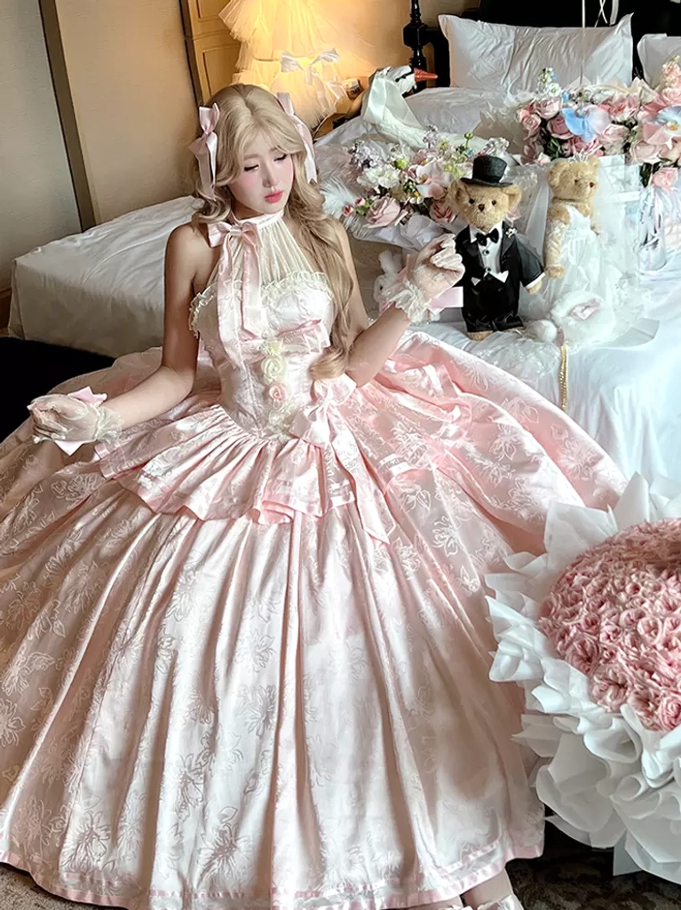 Pink lolita wedding dress three quarter view halter neck embroidered jacquard fabric lace gloves