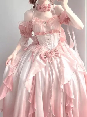 Sweet lolita gown with puff sleeves corset waist and layered ruffled skirt pink romantic dress
