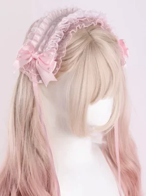 Sweet Lolita pink headband headdress back three-quarter view with symmetrical side bows, demonstrating the elegant construction and layered ruffle trim design on mannequin