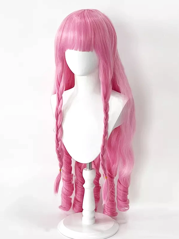 Pink long lolita wig right front oblique angle view asymmetric braids blunt bangs spiral curled hair tips heat-resistant fiber