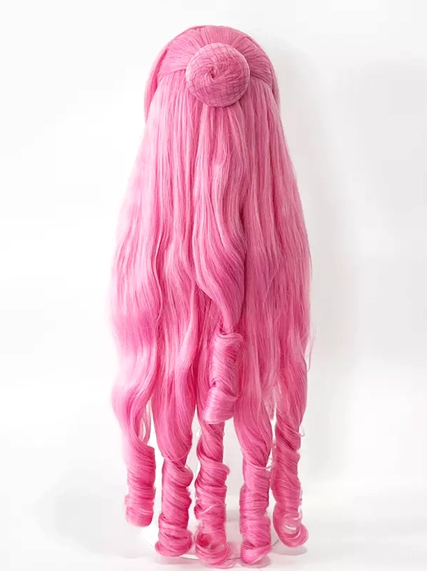 Pink long lolita wig back view with top hair bun long curly hair spiral curled ends bright pink color full rear display