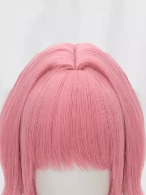Pink lolita short wig frontal view close-up showing neat blunt bangs center parting and smooth heat-resistant fiber texture