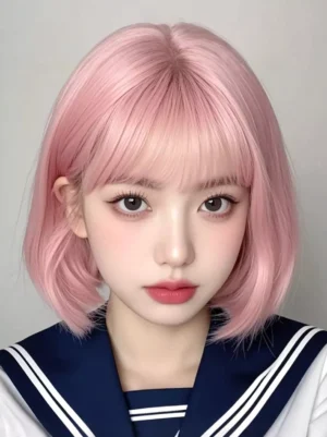 Pink fluffy short bob lolita wig with neat blunt bangs paired with sailor collar uniform top - front bust close-up showing soft fiber texture and volume